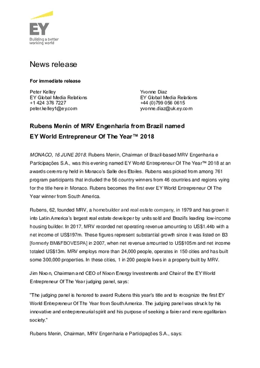 Brazil's Rubens Menin of MRV Engenharia, first ever Latin American winner of the prestigious EY World Entrepreneur Of The Year™ Award