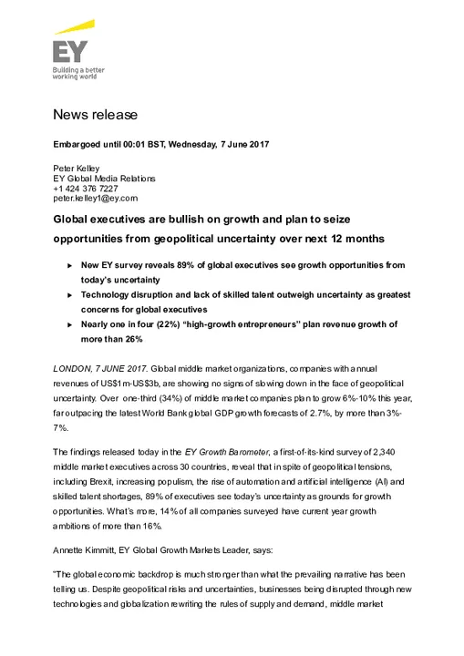 Global Executives are Bullish on Growth and Plan to Seize Opportunities From Geopolitical Uncertainty Over Next 12 Months